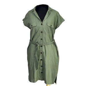 Old Navy Green Button-Up Belted Shirt Dress Short Sleeve Size S Linen Blend